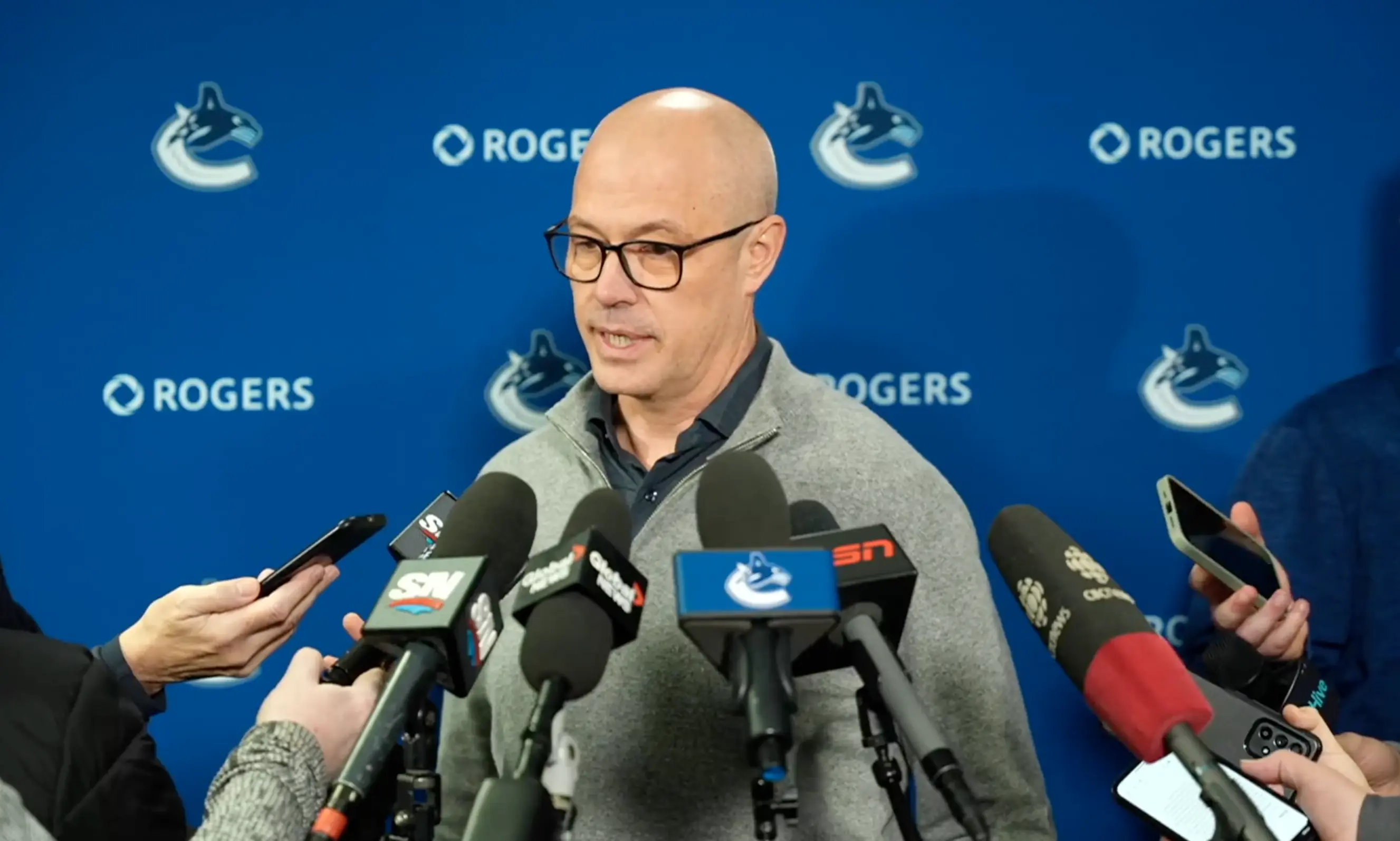 Vancouver Canucks general manager Patrik Allvin meets with the media at Rogers Arena.